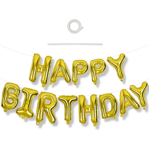 Gold Happy Birthday Balloons Banner, 16 Inch Mylar Foil Letters Birthday Sign Banner Balloon Bunting Reusable Ecofriendly Material for Girls Boys Kids & Adults Birthday Decorations and Party Supplies
