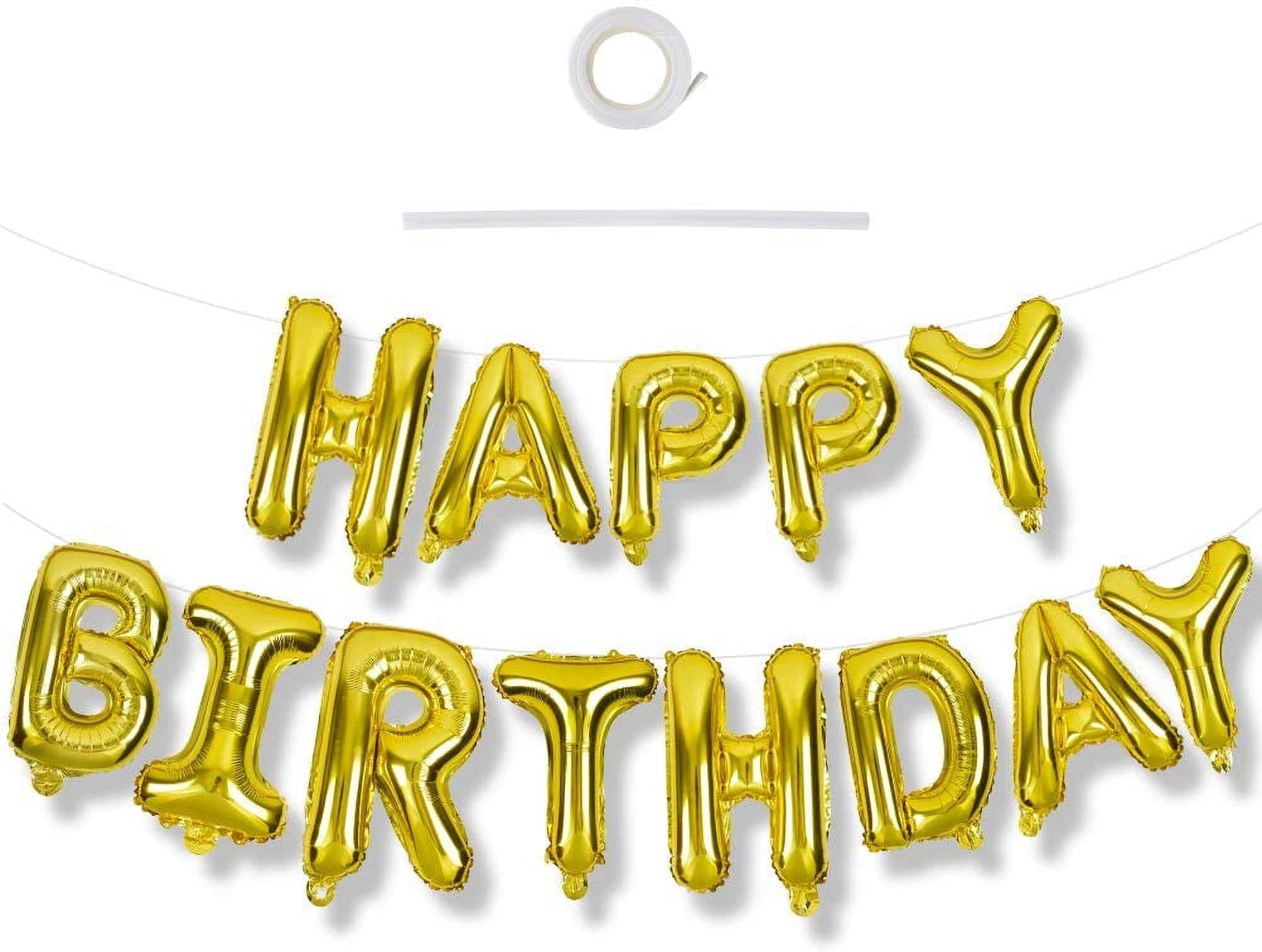 Beishida 16 inch Gold Happy Birthday Balloons Banner Sign with Straw and Ribbon
