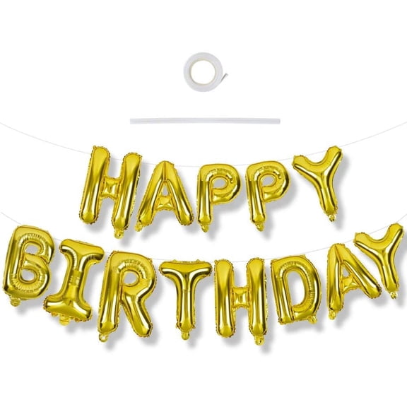 Beishida 16 inch Gold Happy Birthday Balloons Banner Sign with Straw and Ribbon