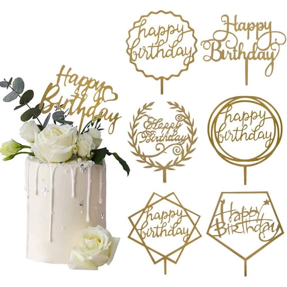 Gold Happy Birthday Cake Topper - Acrylic Cupcake Toppers Decoration Supplies (7 Pieces)