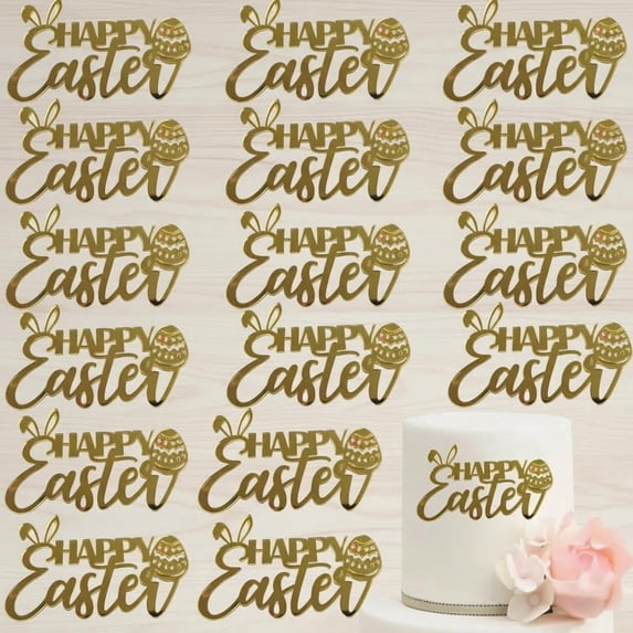 Gold Happy Easter Cake Toppers, Rabbit Egg Acrylic Cupcake Toppers Easter Side Cake Decorations Birthday Party Supplies