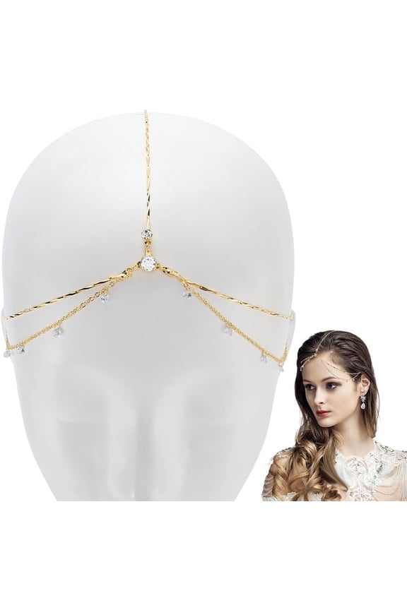 Gold Head Chain Boho Headpiece Layered Sparkle Rhinestone Headband Chain with Pendants for Wedding Ceremony Prom Party Bride Bridesmaid Women Hair