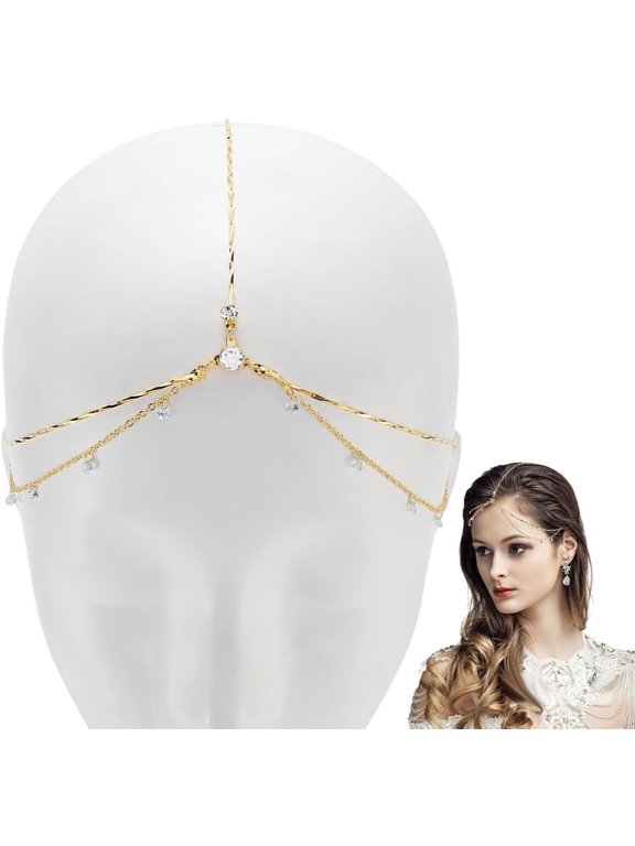Gold Head Chain Boho Headpiece Layered Sparkle Rhinestone Headband Chain with Pendants for Wedding Ceremony Prom Party Bride Bridesmaid Women Hair