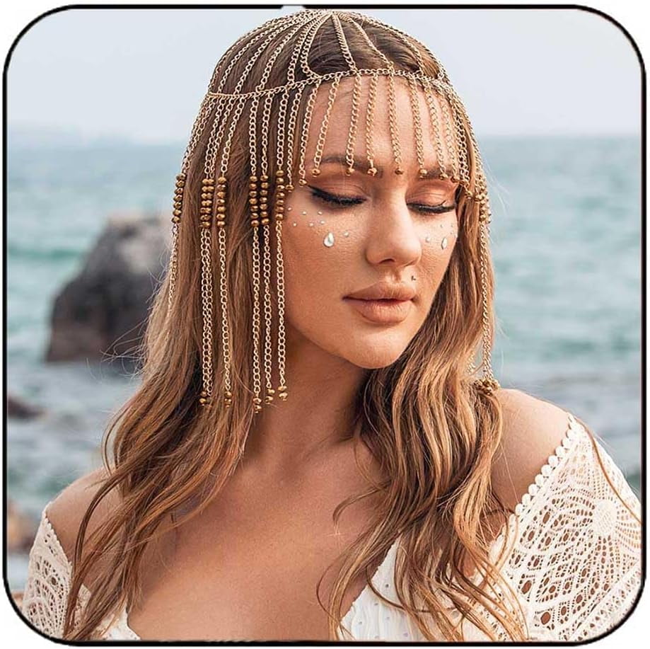 Gold Head Chian Cap Headpiece Long Tassels Hair Chain Egypt Beaded