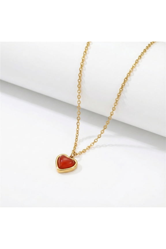 Gold Heart Necklace for Women, 14K Gold Plated Red Carnelian Heart Pendant Necklace, 18.1+2.7 in Adjustable Chain, Valentines Day Jewelry Gift