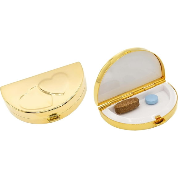 Set of 2 Semi Circular Pocket Purse Pill Box & Organizer With Dual Compartments (Gold Heart)