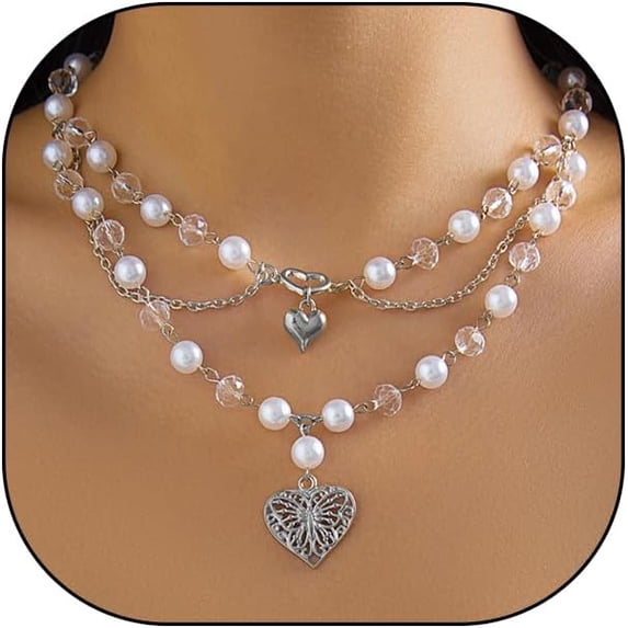 Gold Heart Pearl Statement Necklace for Women Layered Stacked Bead Hollow Butterfly Heart Pendant Choker Exquisite Pearl Clavicle Chain Jewelry Gifts
