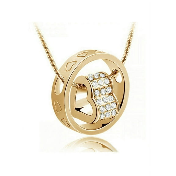Gold Heart Shape Pendant Necklace Crystal Heart and Circle Double Pendant - Clear