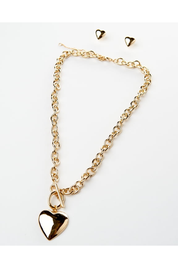 Gold Heart Studs with Toggle Chain Heart