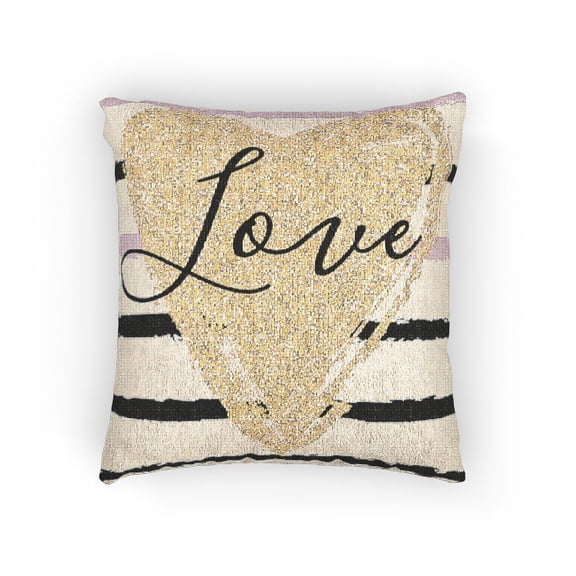 Gold Heart and Love Script Decorative Woven Pillow, Black, White and Pink Brushstroke Stripes, Cotton-Polyester Shell