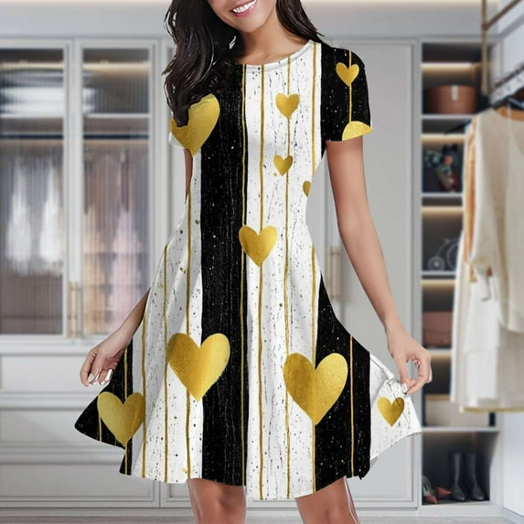 Gold Hearts On Black And White Stripes Women's Classic Swing Skater Dress Casual Work Party Cocktail Dresses