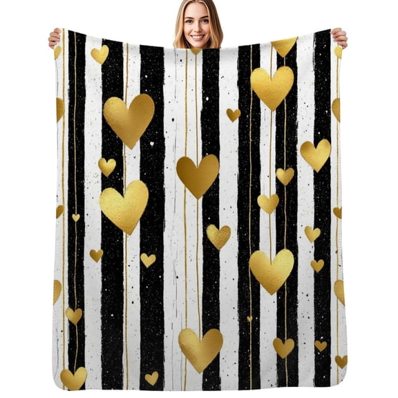 Gold Hearts on Black and White Stripes Flannel Blanket Warm Soft Bedding Throws Winter Camping Chair Sofa Bed