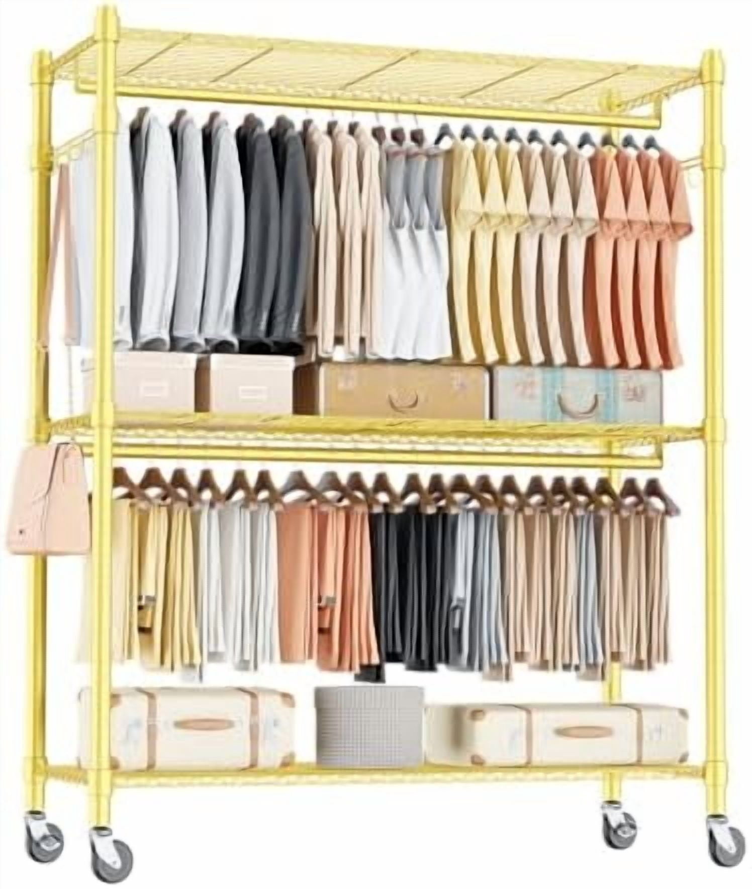 Gold Heavy Duty Clothes Rack with Wheels, 3-Tier Rolling Metal Garment ...