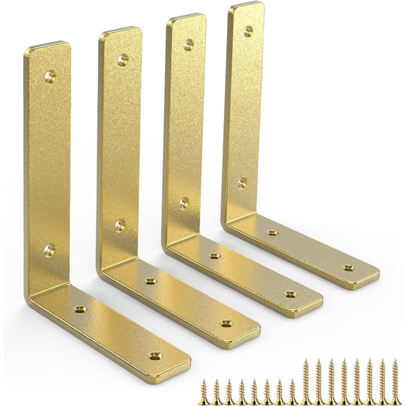Gold Heavy Duty Shelf Brackets 4 Inch, Rustic Gold Iron L Shelf Bracket, Industrial Modern Metal Floating Shelf with Hardware for DIY Open Shelving, 4 Pack