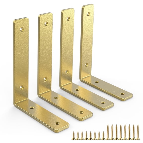Gold Heavy Duty Shelf Brackets 8 Inch, Extra Thick L Shelving Brackets, Rustic Gold Iron Floating Shelves Wall Mounted with Hardware for DIY Open Shelving, 4 Pack