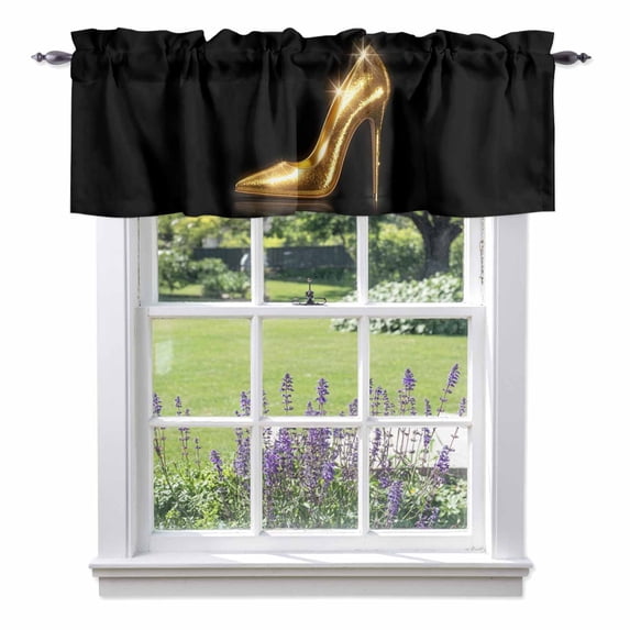 Gold Heels Shoes Valance Curtain for Windows Abstract Art Modern Black Background Rod Pocket Curtain Valances Short Window Treatments Panels for Kitchen Bathroom Laundry Room Basement 42 x 18 Inch