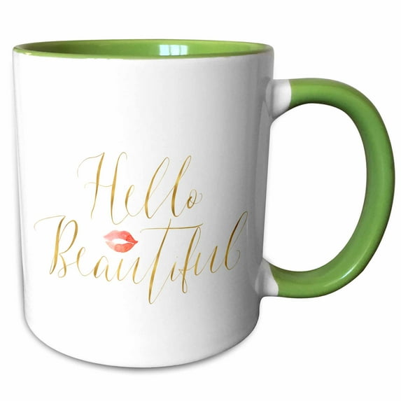 3drose, Gold Hello Beautiful Kiss Lips, 11oz Two-tone Green Mug