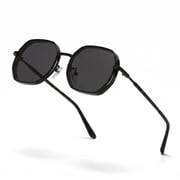 POLASUP Retro Polygon Sunglasses for Men Women, Black Metal Frame, Fashion Shades for Driving & Outdoor
