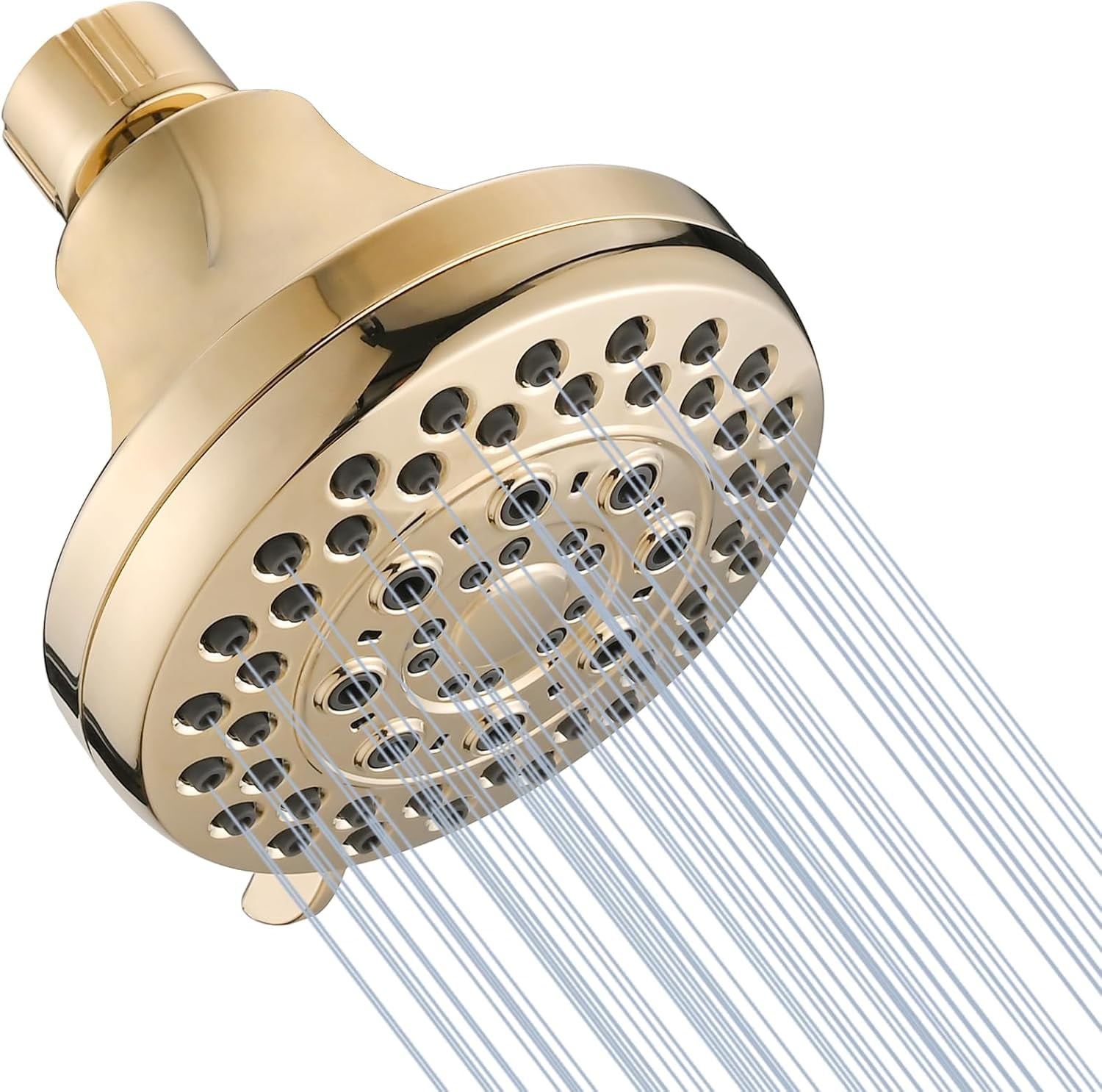 Gold High Pressure 5 Setting 4 Inch Rain Shower Head, Angle Adjustable, Anti-Clog Showerhead Jets, Tool-Free Installation