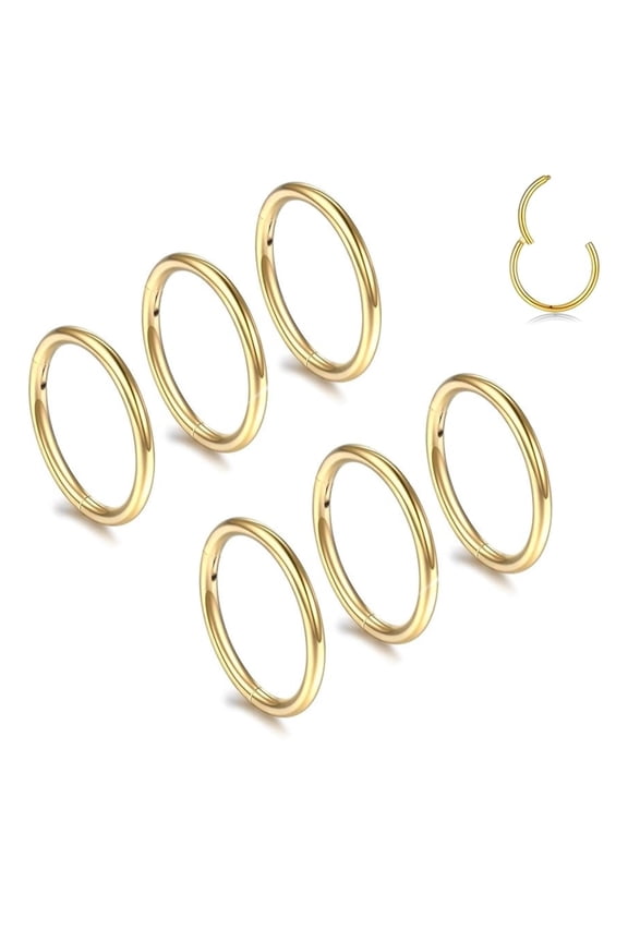 Gold Hinged Nose Ring,Nose Piercings Ring,Hoop Clicker Septum Cartilage Helix Tragus Hoop Earrings, Nose Jewelry,6mm 8mm 10mm Hoop for Women Men,Stainless Steel(6 Pcs)