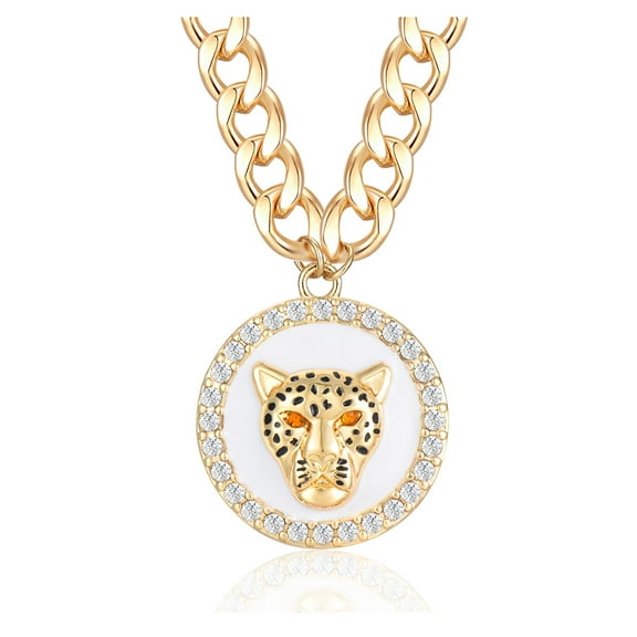 Gold Hip Hop Crystal Leopard Head Pendant Necklace with Enamel Print and Chunky Chain