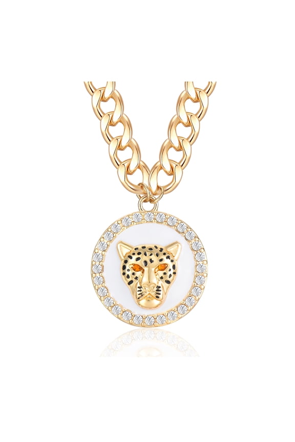 Gold Hip Hop Crystal Leopard Head Pendant Necklace with Enamel Print and Chunky Chain
