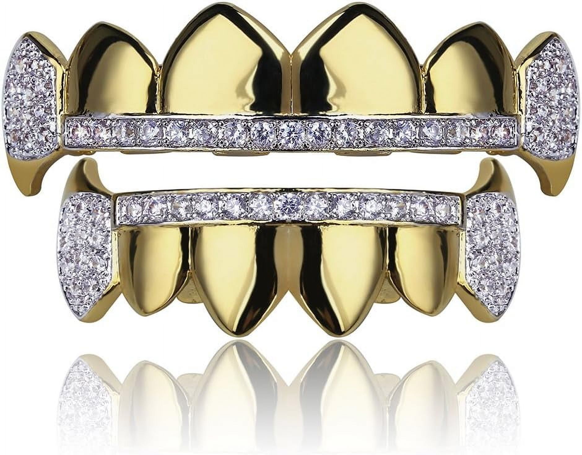 NOLITOY 5-Piece Gold Plated Hip Hop Teeth Caps Set - Bling Grills With Fangs For Rappers & Parties
