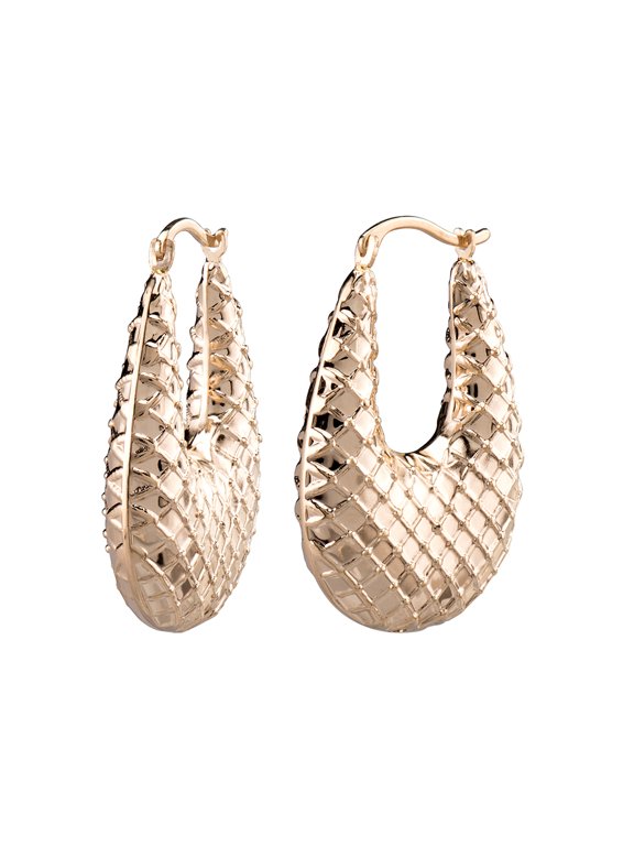 14K Gold Plated Brass 30mm Textured Oval Click Top Hoop Earrings for Women