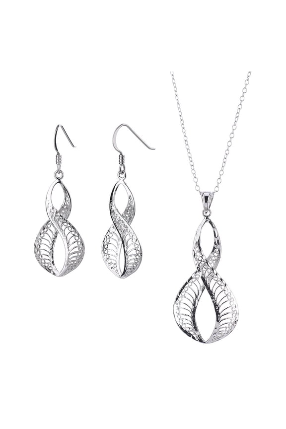 925 Sterling Silver Infinity Filigree Drop Earrings and Pendant Necklace Set Women