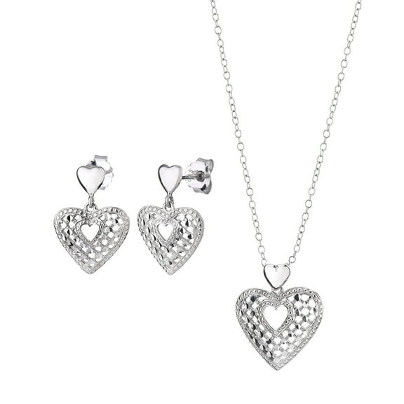 Gold & Honey 925 Sterling Silver Quilted Drop Heart Earrings and Pendant Necklace Set, for Women