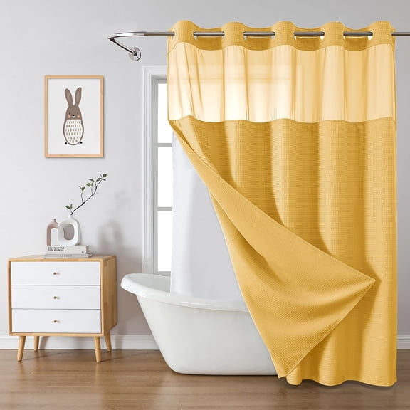 Gold No Hook Waffle Weave Shower Curtain with snap-in Liner Replacement, 230GSM Waterproof Fabric Hotel Shower Curtain Set for Bathroom, Through Mesh Top Window,71Wx74H