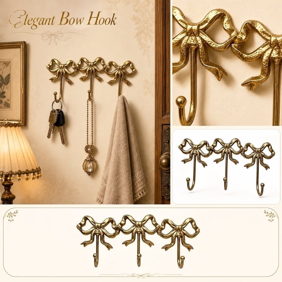 Gold Hooks for Wall, Antique Wall Decor, Key Hooks for Wall, Hooks for Hanging on Wall, French Vintage Cast Iron Intricate Bow Wrought Iron Wall Mounted Metal Wall Decor 10X5 in
