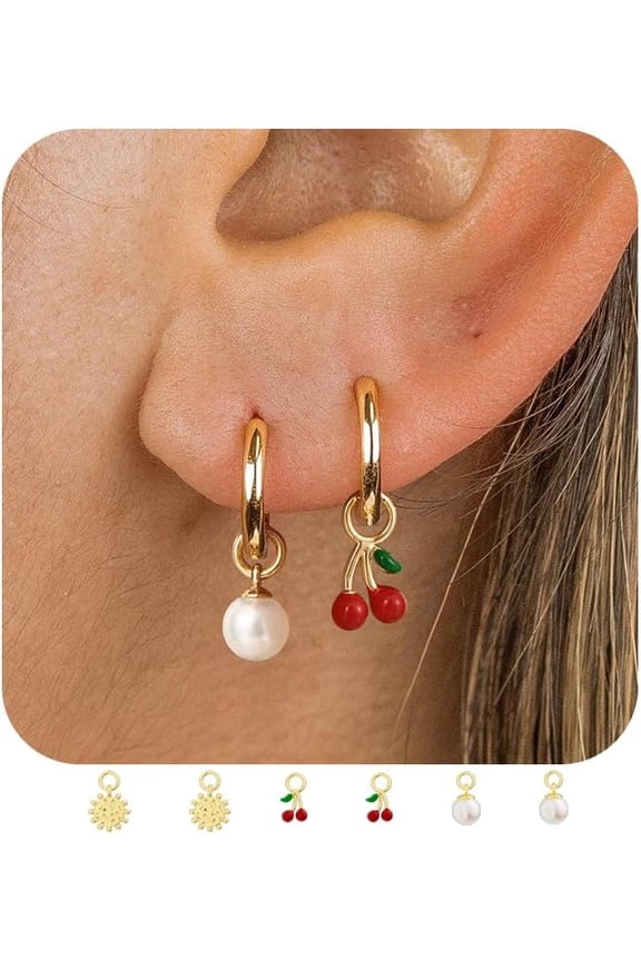 Gold Hoop Earrings and Charm Set for Women Trendy: 14K Gold Plated Small Huggie Hoop Earrings Interchangeable Dangle Charm Set Hypoallergenic Cute Earrings Jewelry Pearl Bow Cherry Charms