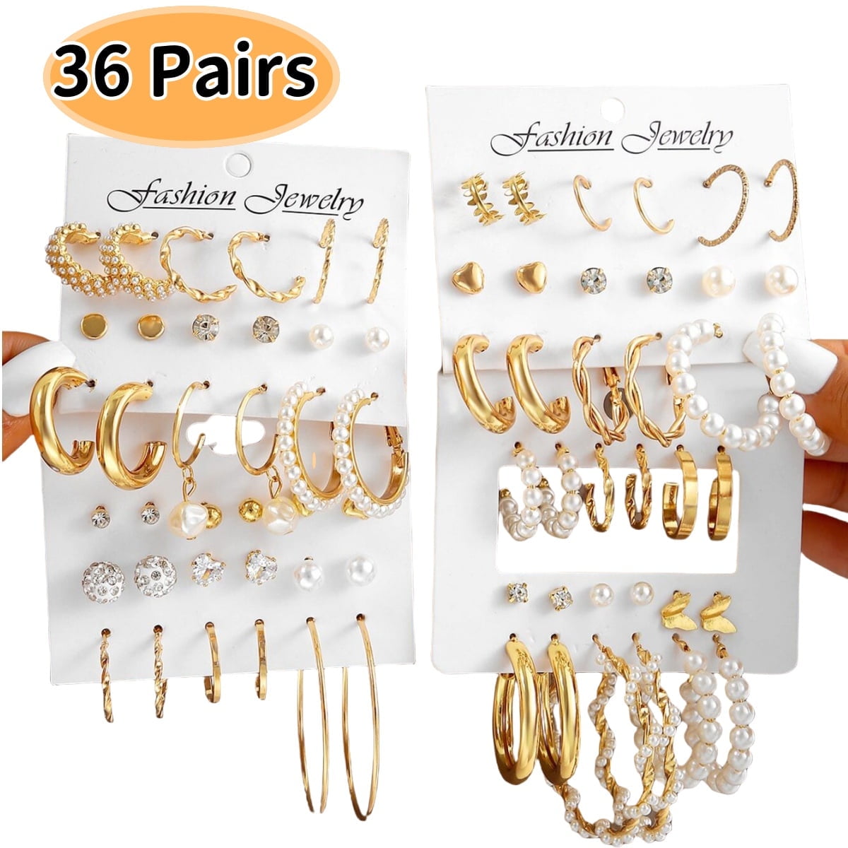 KABUER Gold Hoop Earrings Set Fashion Pearl Stud Earrings Women Girls Earring Packs Trendy for Christmas Birthday Party Jewelry Gift 36Pairs