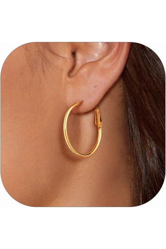 Gold Hoop Earrings for Women, Stainless Steel Hoops Earring Lightweight Loops, 2 mm Thick Hypoallergenic Circle Endless Thin Hoop (30 mm)