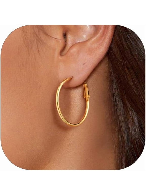 Gold Hoop Earrings for Women, Stainless Steel Hoops Earring Lightweight Loops, 2 mm Thick Hypoallergenic Circle Endless Thin Hoop (30 mm)
