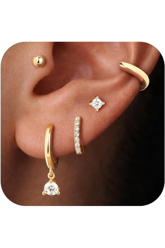 Gold Hoop Earrings for Women Trendy, Hypoallergenic 14K Gold Plated Huggies Earring Set Dainty Cartilage Earring Stacks for Multiple Piercing Jewelry Hoop Earrings for Women