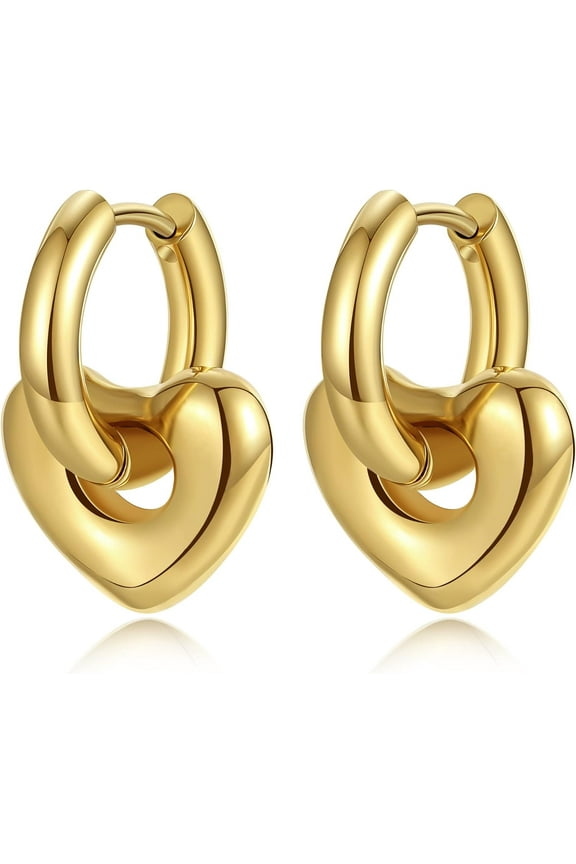 Gold Hoop Earrings For Women Trendy, Small Huggie Earrings with 18K Gold Plated Stainless Steel, Heart Earrings with Convertible Dangle, Hypoallergenic Jewelry Gifts for Woman