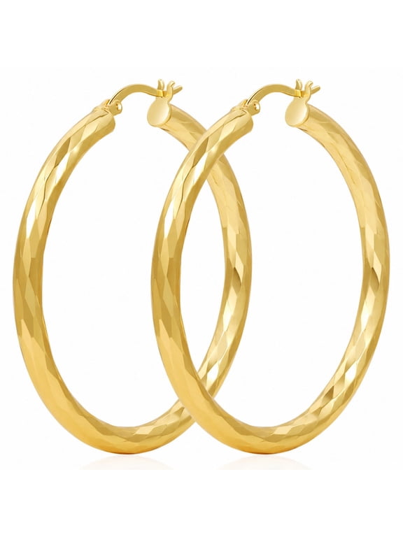 Gold Hoop Earrings for Women, Hypoallergenic 14k Gold Plated Lightweight Faceted 50mm