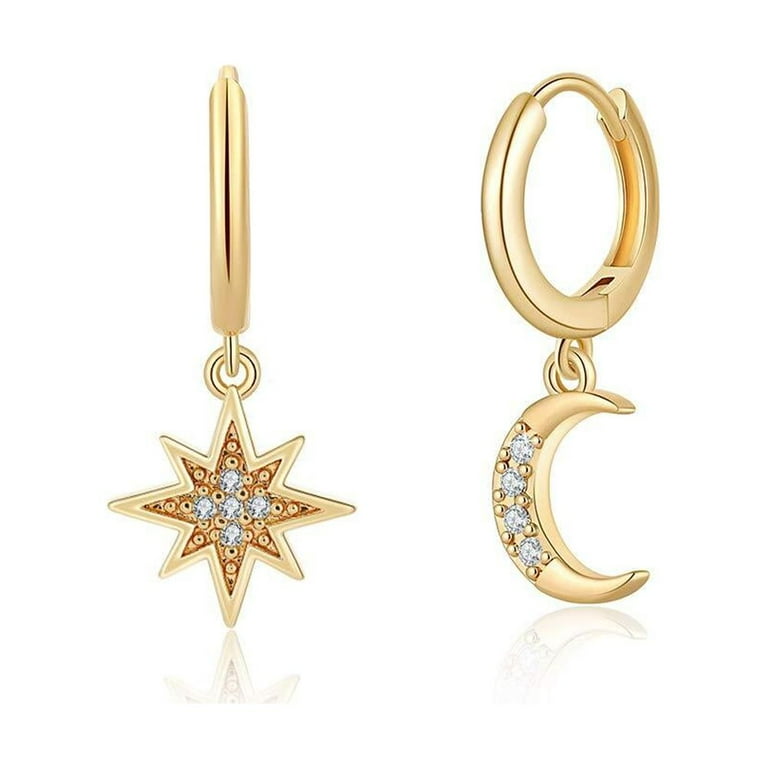 Sterling Silver Star and Moon Dangle Hoops Earrings Sterling Silver Star and Moon Dangle Hoops Earrings