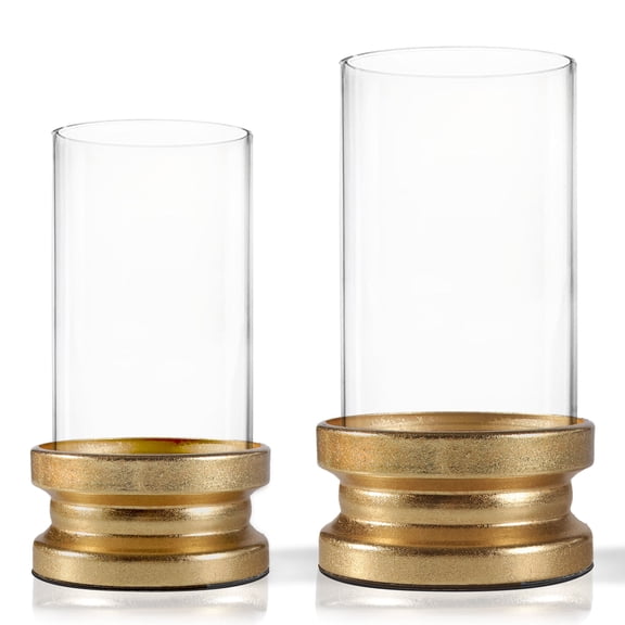 Gold Hurricane Candle Holder Set of 2 for Pillar Candles, Decorative Metal Candle Stands with Clear Glass Covers for Wedding Table Centerpiece Home Decor