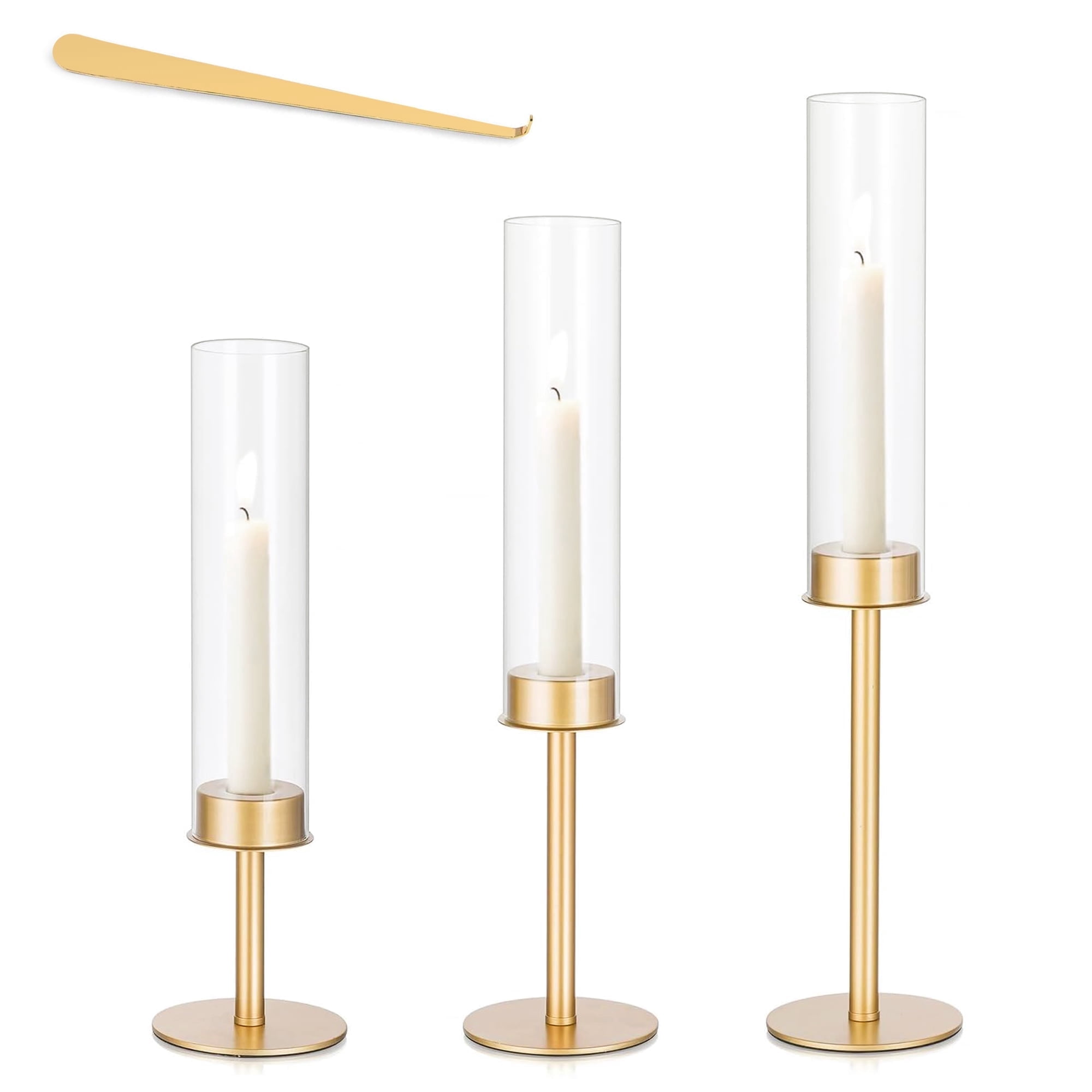 Gold Hurricane Glass Candle Holder Set of 3, Tall Metal & Windproof ...