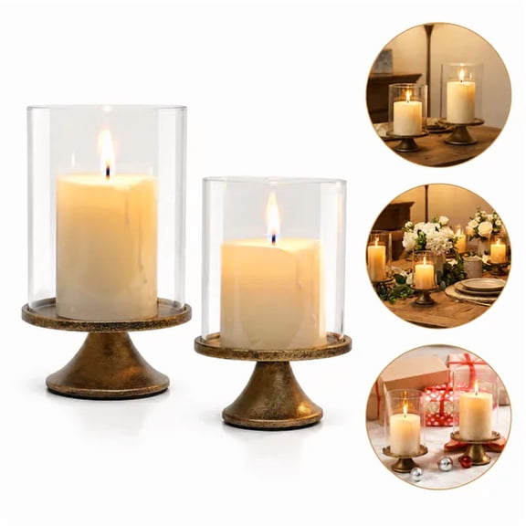 Gold Hurricane Glass Candle Holders, 2 Pack Iron Base Pillar Candlestick Holders, Elegant Home Decor Centerpiece for Living Room Dining Room Bedroom