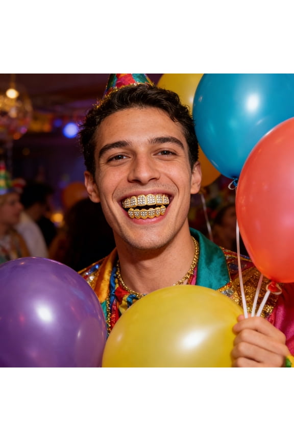 Gold Iced-Out Grillz - Full Top & Bottom Teeth Set, Hop Bling for Parties, Halloween, and Festivals