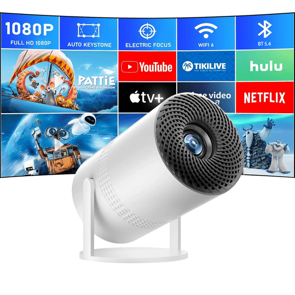 Gold Projector,HD 1080P Mini Projector,Built-in APPS&Autofocus&210°Rotation,Projector with Wifi and Bluetooth,White