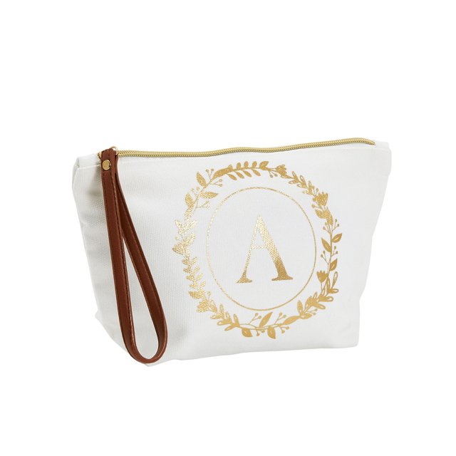 Gold Initial A Personalized Makeup Bag for Women, Monogrammed Canvas