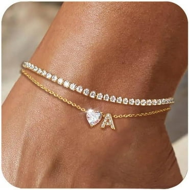 Gold Initial Ankle Bracelets for Women Waterproof 14K Gold Filled Layered Anklets for Women Non Tarnish Women's Anklets Adjustable Large Ankle Summer Beach Foot Jewelry