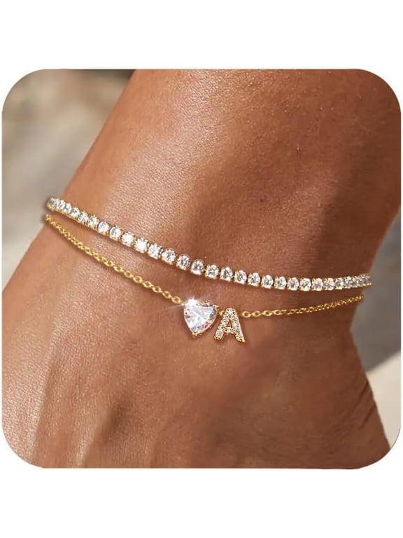 Gold Initial Ankle Bracelets for Women Waterproof 14K Gold Filled Layered Anklets for Women Non Tarnish Women's Anklets Adjustable Large Ankle Summer Beach Foot Jewelry