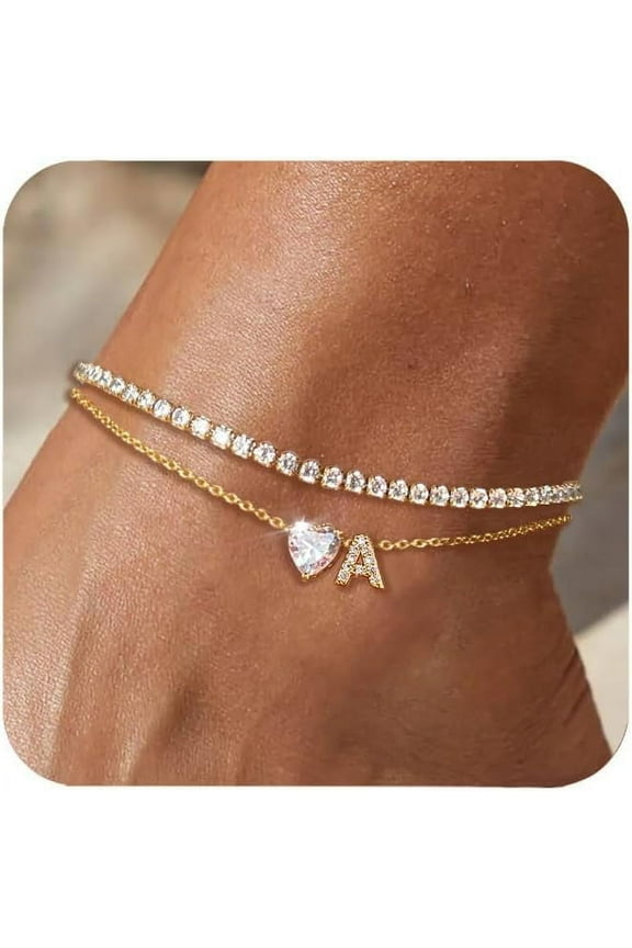 Gold Initial Ankle Bracelets for Women Waterproof 14K Gold Filled Layered Anklets for Women Non Tarnish Women's Anklets Adjustable Large Ankle Summer Beach Foot Jewelry