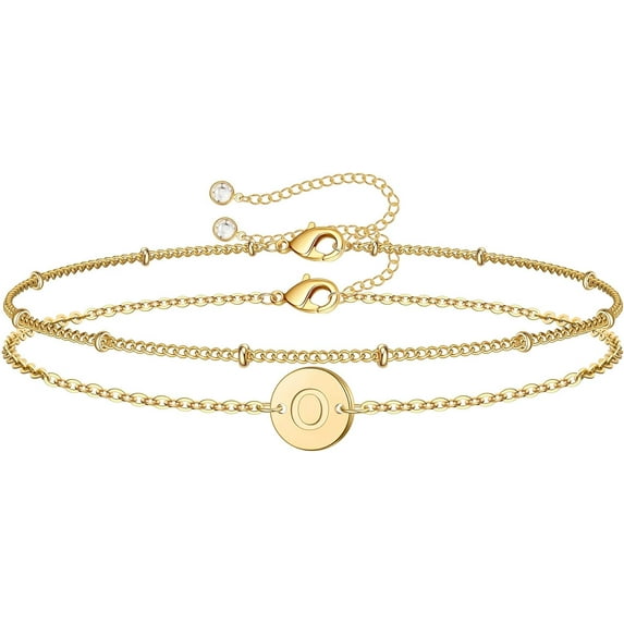 Gold Initial Bracelets for Women, Dainty 14K Gold Filled Layered Beaded Letter Initial Bracelet Personalized 26 Alphabet Disc Monogram Charm Bracelet Jewelry Gifts for Girls